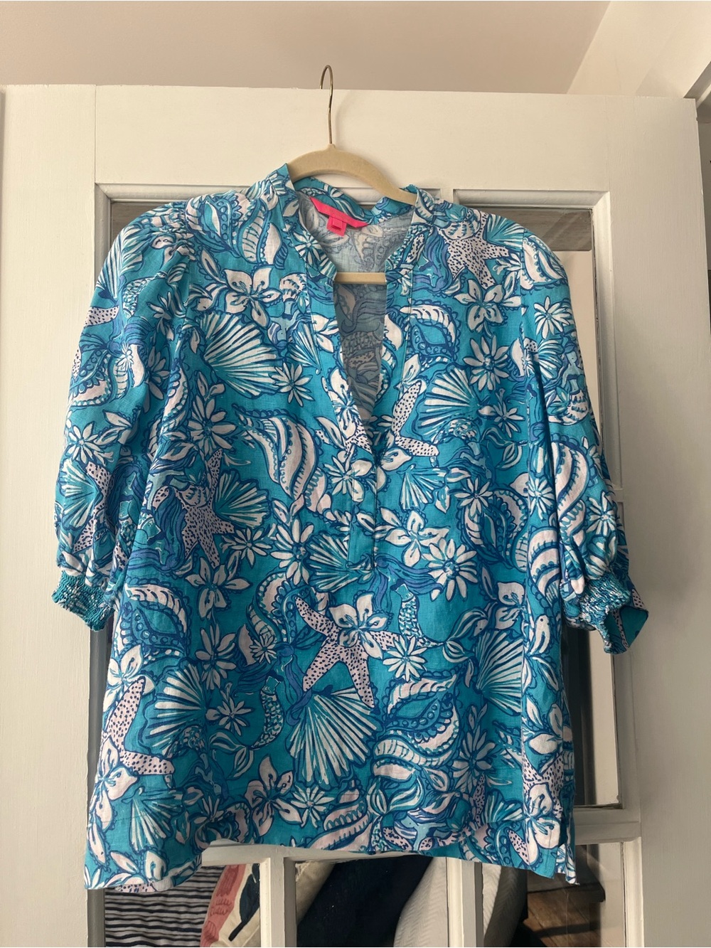 Lilly Pulitzer linen Teal Floral Shell-Print Pullover Top